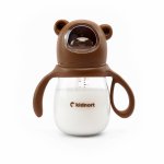 Biberon cu tetina anti-colici, debit variabil, Kidnort Jordbaer Brown, 240ml, de la 6 luni, echipat cu Pai cu bila gravitationala si maner ergonomic detasabil