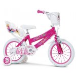Bicicleta copii Huffy Disney Princess 14 inch, roti ajutatoare si cosulet, pentru copii cu varsta intre 3 si 6 ani sau cu inaltimea pana la 110 cm, frana de mana pe ambele roti, anvelope cu profil gros, scaun reglabil