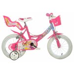 Bicicleta pentru fetite Disney Princess 16 inch, varsta 6-8 ani si inaltimea de 107-138 cm, frana de mana pe ambele roti, cosulet si scaunel pentru papusa, roti ajutatoare
