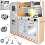 Bucatarie pentru copii, Kruzzel, realizata din lemn, cu Lumina LED si sunete realiste, chiuveta detasabila, si accesorii specifice incluse, Beige / Grey