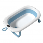 Cadita pliabila pentru bebelusi Bebe Royal Blue 76 cm, cu termometru digital si dop de scurgere