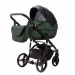 Carucior pentru copii 2 in 1, Adamex Lanti SD41, pliabil, landou cu salteluta, copertina reglabila, roti frontale pivotante 360, cu dubla suspensie si husa de ploaie inclusa, Full EcoLeather, Green / Black