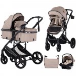 Carucior pentru copii Chipolino Amore Tiramisu 3 in 1 transformabil, cu suspensii, spatar reglabil, husa de picioare, gentuta si suport pahar