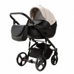 Carucior pentru copii 2 in 1, Adamex Lanti SD110, pliabil, landou cu salteluta, copertina reglabila, roti frontale pivotante 360, cu dubla suspensie si husa de ploaie inclusa, Full EcoLeather, Black Grain