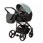Carucior pentru copii 2 in 1, Adamex Lanti SD103, pliabil, landou cu salteluta, copertina reglabila, roti frontale pivotante 360, cu dubla suspensie si husa de ploaie inclusa, Full EcoLeather, Black Jade