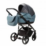 Carucior pentru copii 2 in 1, Adamex Lanti SD42, pliabil, landou cu salteluta, copertina reglabila, roti frontale pivotante 360, cu dubla suspensie si husa de ploaie inclusa, Full EcoLeather, Blue Shadow
