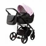 Carucior pentru copii 2 in 1, Adamex Lanti SD101, pliabil, landou cu salteluta, copertina reglabila, roti frontale pivotante 360, cu dubla suspensie si husa de ploaie inclusa, Full EcoLeather, Pink / Black