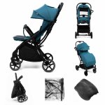 Carucior pentru copii, Kidnort Fjallrav Albastru, cu pliere compacta, suspensie integrala, spatar si viziera reglabile, pana la 22 kg, accesorii incluse, suport pentru pahar, husa transport
