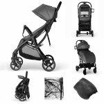 Carucior pentru copii, Kidnort Fjallrav Gri melange, cu pliere compacta, suspensie integrala, spatar si viziera reglabile, pana la 22 kg, accesorii incluse, suport pentru pahar, husa transport