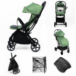 Carucior pentru copii Kidnort Fjallrav Verde, cu pliere ultracompacta, suspensie integrala, spatar si viziera reglabile, pana la 22 kg, accesorii incluse, suport pentru pahar, husa transport
