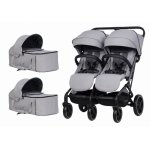 Carucior pentru copii gemeni, EasyGo Echo 2 in 1, omologat EN1888, Pliabil, cu Landouri textile, copertine independente reglabile si detasabile, suspensii, spatar reglabil, cu 2 huse de picioruse incluse, Cloud Gray