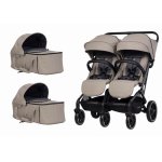 Carucior pentru copii gemeni, EasyGo Echo 2 in 1, omologat EN1888, Pliabil, cu Landouri textile, copertine independente reglabile si detasabile, suspensii, spatar reglabil, cu 2 huse de picioruse incluse, Savana Beige