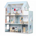 Casuta de papusi din lemn cu 3 etaje, mobilier inclus, 60 x 24 x 70 cm, Ricokids RK-878 Albastru deschis