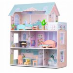 Casuta de papusi din lemn cu 3 etaje, mobilier inclus, 60 x 24 x 70 cm, Ricokids RK-878 Roz