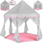 Cort de joaca pentru copii, Kruzzel, cu baza hexagonala, 6 intrari si un acoperis conic elegant, montare simpla, cu geanta de transport inclusa, dimensiune 123 x 123 x 140 cm, model Castle gri / roz
