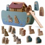 Jucarie educativa Arca lui Noe din lemn cu animalute 17.5 x 13.5 x 20 cm Nukido NK-862