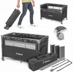 Patut de calatorie multifunctional 3 in 1 Naste Dark Grey cu laterala culisanta si 2 niveluri de inaltime, sistem atasare la patul parintilor, cu saltea si geanta de transport, dimensiune compacta, Intrare laterala, 9.3 kg