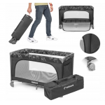 Patut de calatorie pentru copii, Kidnort Ihalig Dark Gray cu geanta de transport, salteluta, usa cu fermoar si roti cu posibilitatea de blocare, dimensiune desfacut 128 x 68 x 78.5 cm