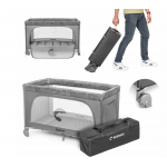 Patut de calatorie pentru copii, Kidnort Ihalig Light Gray cu geanta de transport, salteluta, usa cu fermoar si roti cu posibilitatea de blocare, dimensiune desfacut 128 x 68 x 78.5 cm