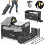 Patut de calatorie pentru copii, Kidnort, pliabil, multifunctional 3 in 1, din material Oxford 300, cu geantuta de depozitare, laterala culisanta, roti cu frana, accesorizat, Stugan Dark Grey