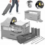 Patut de calatorie pentru copii, Kidnort, pliabil, multifunctional 3 in 1, din material Oxford 300, cu geantuta de depozitare, laterala culisanta, roti cu frana, accesorizat, Stugan Light Grey