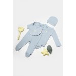 Set 4 piese body, pantaloni, baveta si caciulita Bamboo, bleu, BabyCosy, 50% bumbac + 50% bambus, marime 6-9 luni