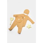 Set 4 piese body, pantaloni, baveta si caciulita Bamboo, maro, BabyCosy, 50% bumbac + 50% bambus, marime 6-9 luni
