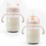 Sticluta de apa din tritan pentru copii, Kindnort Bringebaer, sterilizabila, pai moale din silicon cu biluta gravitationala, maner ergonomic, capacitate 240 ml, Roz