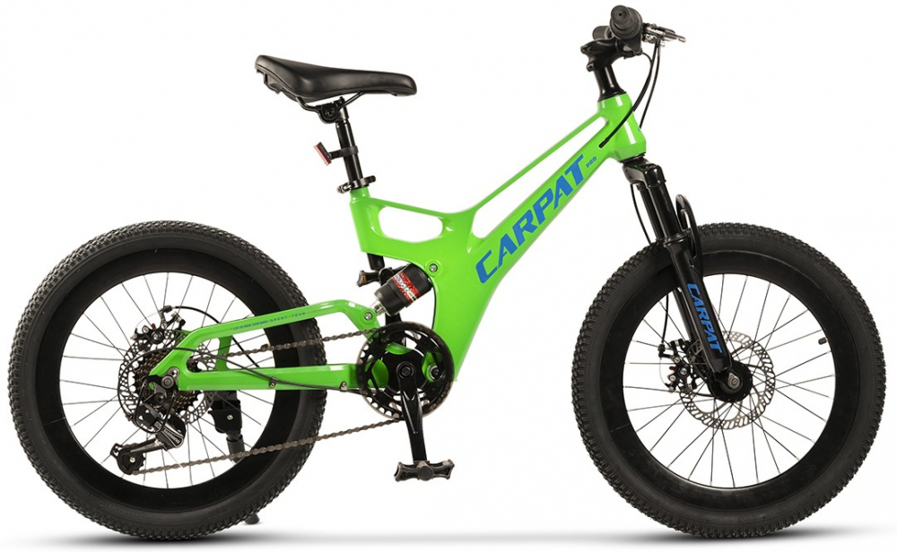 Bicicleta pentru copii MTB-FS Carpat C20344A VerdeAlbastru, roti 20 inch, Mountain Bike Full Suspension, Schimbator spate Shimano Tourney Sis 7 viteze, Schimbator fata Rotativ, Frana Disc fataspate, Cadru aluminiu