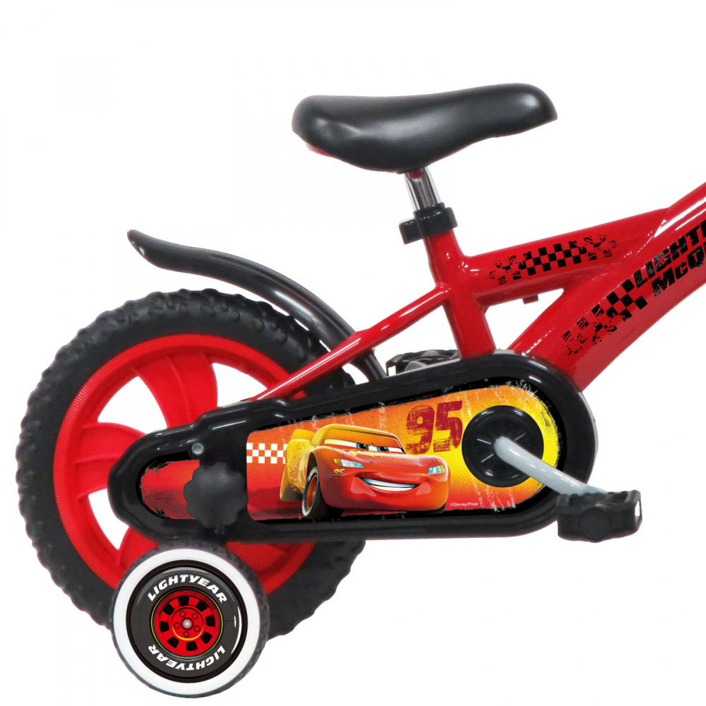 Bicicleta pentru copii Denver Disney Cars 12 inch, varsta 3-4.5 ani, inaltime utilizator 88-105 cm, roti ajutatoare, clopotel pe ghidon, suport si sticla apa