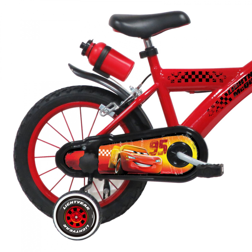 Bicicleta pentru copii Denver Disney Cars 14 inch, inaltime utilizator 95-115 cm, roti gonflabile, frana de mana pe ambele roti, scaun si ghidon ajustabile, roti ajutatoare, suport si sticla de apa, clopotel