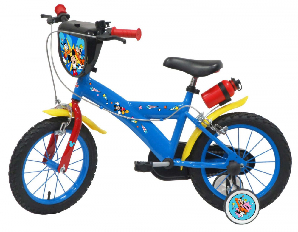 Bicicleta pentru copii Denver Disney Mickey Mouse Albastra 14 inch, inaltime utilizator 95-115 cm, roti gonflabile, frana de mana pe ambele roti, scaun si ghidon ajustabile, roti ajutatoare, suport si sticla de apa, clopotel