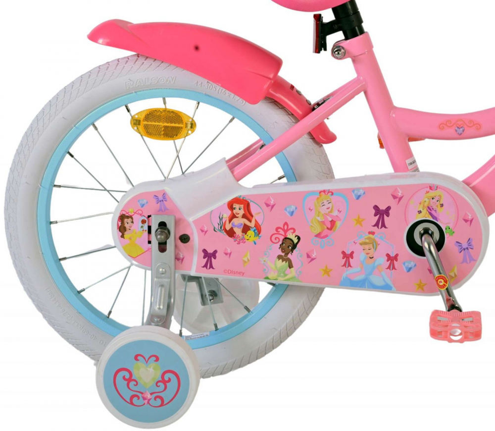 Bicicleta EL Disney Princess 16 inch cu frana spate butuc, roti gonflabile din cauciuc, cosulet, roti ajutatoare, scaun si ghidon ajustabile
