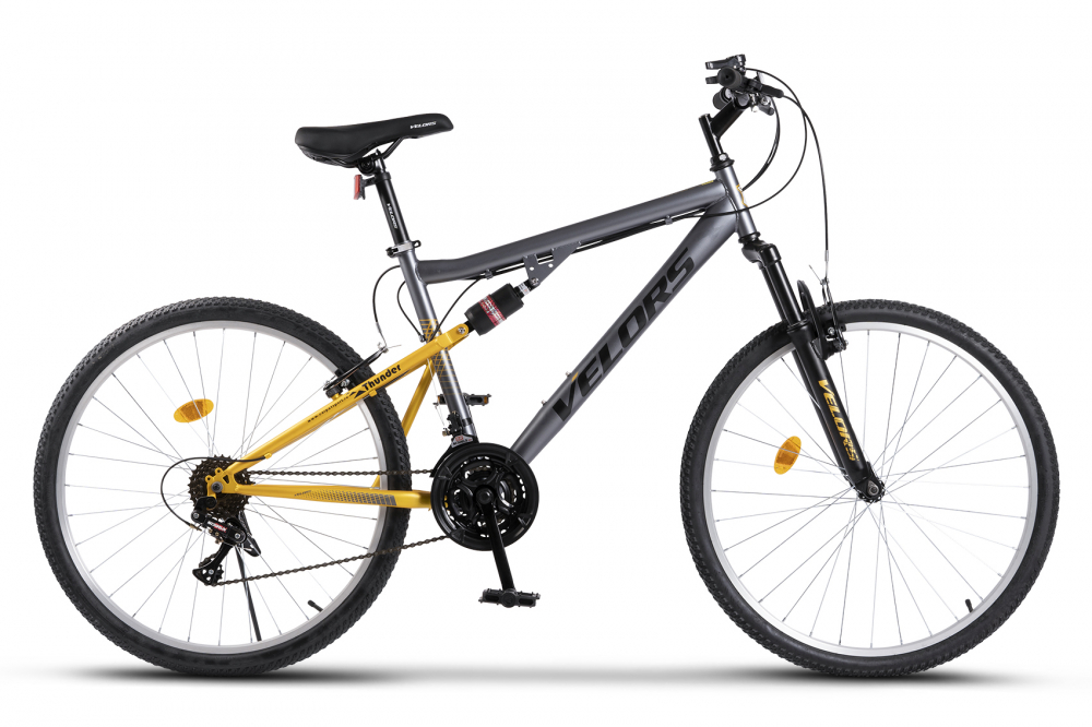 Bicicleta MTB-FS Velors Thunder V26205B GriGalben, roti 26 inch, schimbator spate Sunrun 7 viteze, manete schimbator Rotative 21 viteze, cadru full-suspension otel, frane V-Brake