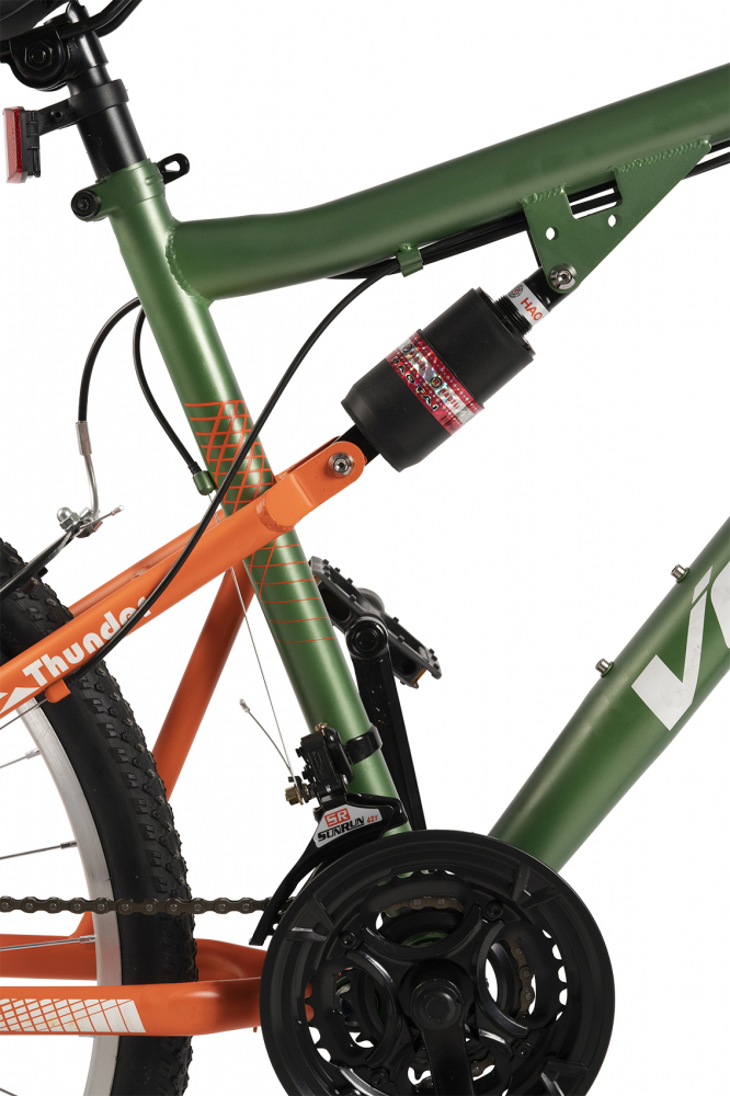 Bicicleta MTB-FS Velors Thunder V26205B VerdePortocaliu, roti 26 inch, schimbator spate Sunrun 7 viteze, Manete schimbator Rotative 21 viteze, cadru full-suspension otel, frane V-Brake - 4