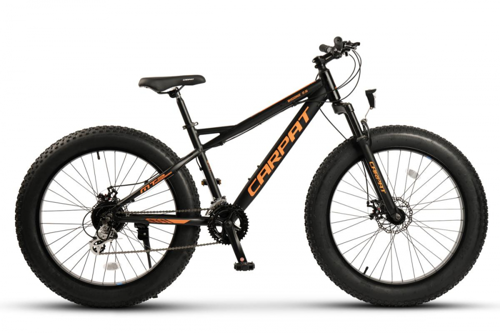 Bicicleta MTB-Fat Bike CARPAT Bigone C26278H, schimbator spate Shimano Altus, 16 viteze, roti 26 inch, frane Mecanice Disc, NegruPortocaliu