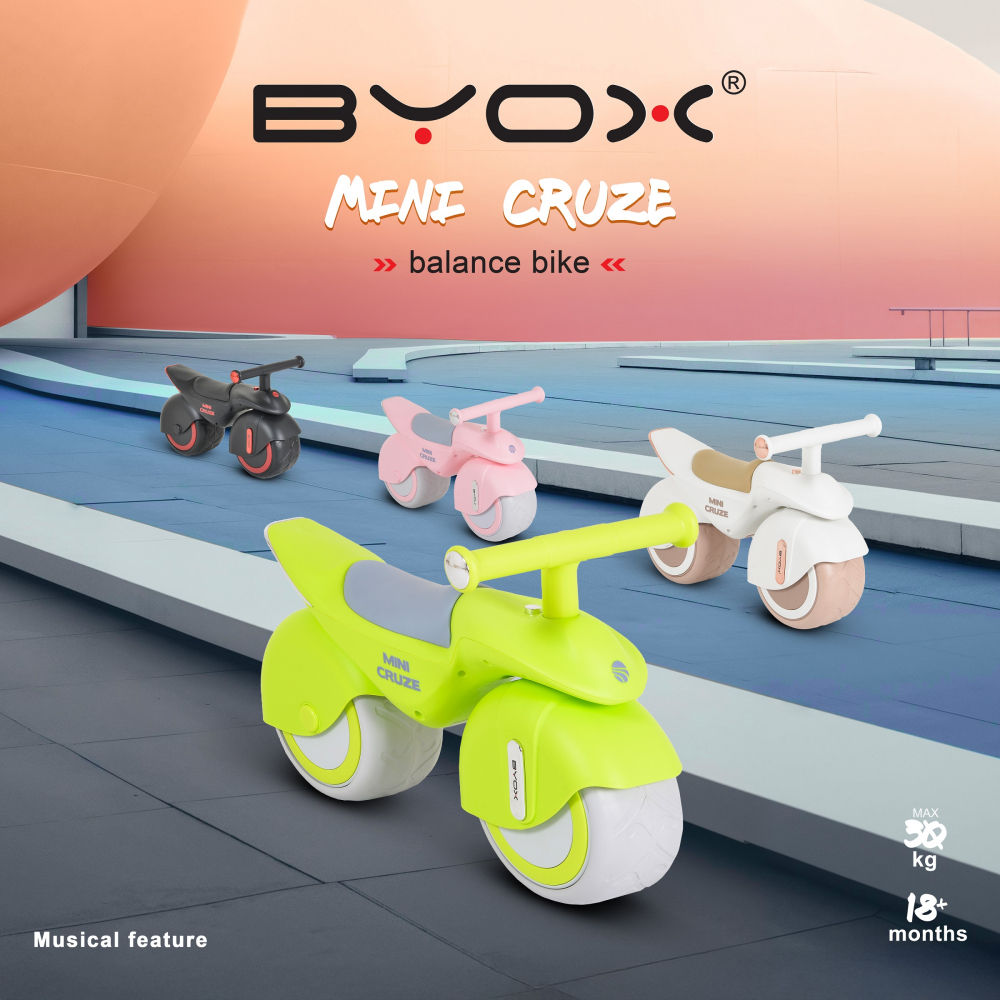 Bicicleta fara pedale Ride On Byox Mini Cruze Pink cu muzica, Roti EVA late si stabile cu rulment, Sezut ergonomic din piele, Design compact, Manere ergonomice, Recomandata de la 18 luni, Greutate admisa 30 kg