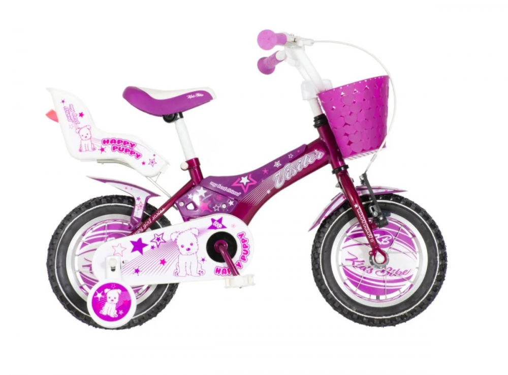 Bicicleta pentru copii Visitor Happy Puppy, roti 12 inch, v-brake, cadru otel 9 inch, cos si scaun papusi