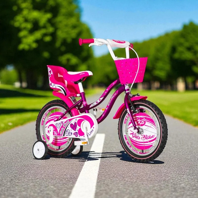 Bicicleta pentru copii Visitor little Heart MovAlb, roti 12 inch, roti ajutatoare, cos fata, scaun papusi, cadru otel 7 inch