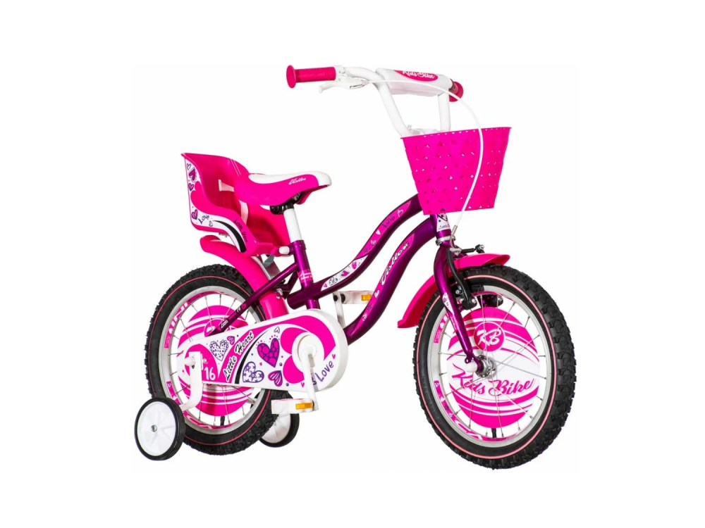 Bicicleta pentru copii Visitor little Heart MovAlb, roti 12 inch, roti ajutatoare, cos fata, scaun papusi, cadru otel 7 inch