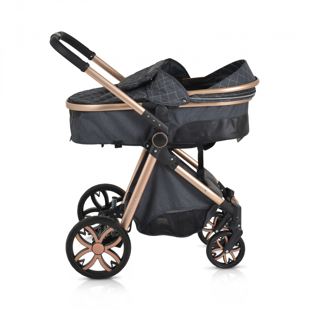 Carucior 2in1 transformabil Moni Alma Black cu Sezut reversibil,Cadru din aluminiu,Roti EVA rezistente cu suspensii, Frana,Capotina cu vizier, Spatar reglabil, Centura de siguranta,Cos de cumparaturi, Husa picioare si Geanta