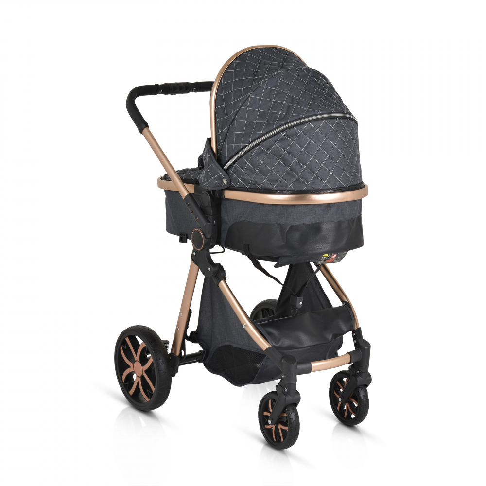 Carucior 2in1 transformabil Moni Alma Black cu Sezut reversibil,Cadru din aluminiu,Roti EVA rezistente cu suspensii, Frana,Capotina cu vizier, Spatar reglabil, Centura de siguranta,Cos de cumparaturi, Husa picioare si Geanta - 1