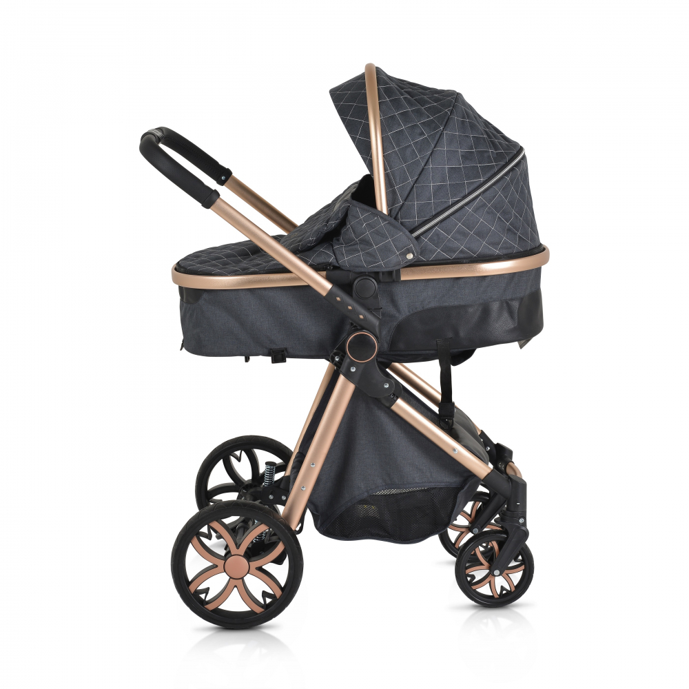 Carucior 2in1 transformabil Moni Alma Black cu Sezut reversibil,Cadru din aluminiu,Roti EVA rezistente cu suspensii, Frana,Capotina cu vizier, Spatar reglabil, Centura de siguranta,Cos de cumparaturi, Husa picioare si Geanta - 2