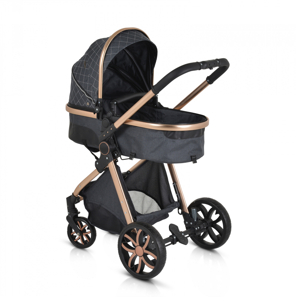 Carucior 2in1 transformabil Moni Alma Black cu Sezut reversibil,Cadru din aluminiu,Roti EVA rezistente cu suspensii, Frana,Capotina cu vizier, Spatar reglabil, Centura de siguranta,Cos de cumparaturi, Husa picioare si Geanta - 3