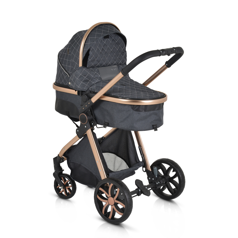 Carucior 2in1 transformabil Moni Alma Black cu Sezut reversibil,Cadru din aluminiu,Roti EVA rezistente cu suspensii, Frana,Capotina cu vizier, Spatar reglabil, Centura de siguranta,Cos de cumparaturi, Husa picioare si Geanta - 4