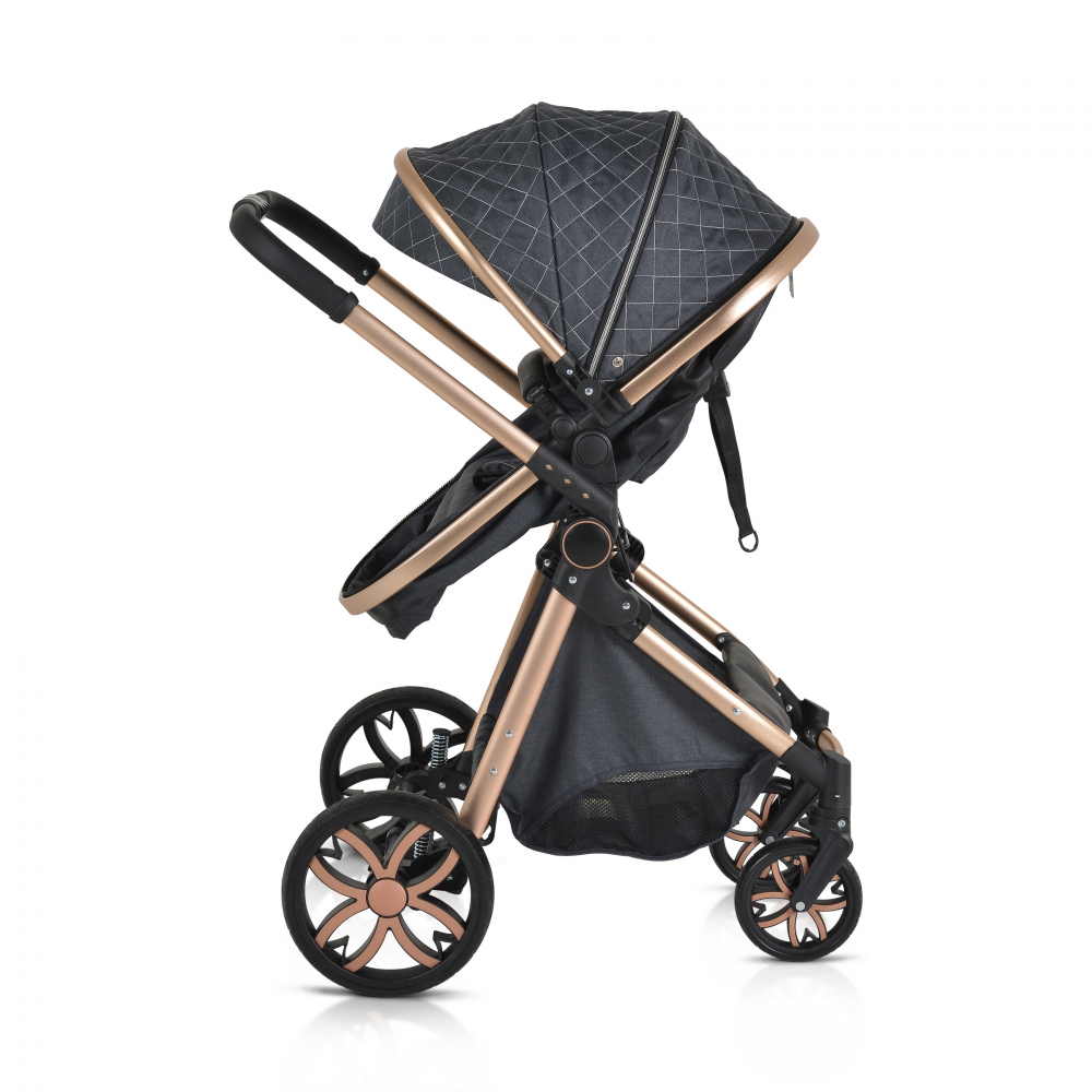 Carucior 2in1 transformabil Moni Alma Black cu Sezut reversibil,Cadru din aluminiu,Roti EVA rezistente cu suspensii, Frana,Capotina cu vizier, Spatar reglabil, Centura de siguranta,Cos de cumparaturi, Husa picioare si Geanta - 5