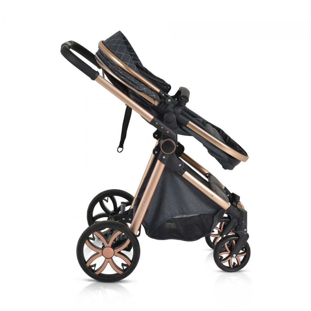 Carucior 2in1 transformabil Moni Alma Black cu Sezut reversibil,Cadru din aluminiu,Roti EVA rezistente cu suspensii, Frana,Capotina cu vizier, Spatar reglabil, Centura de siguranta,Cos de cumparaturi, Husa picioare si Geanta - 6