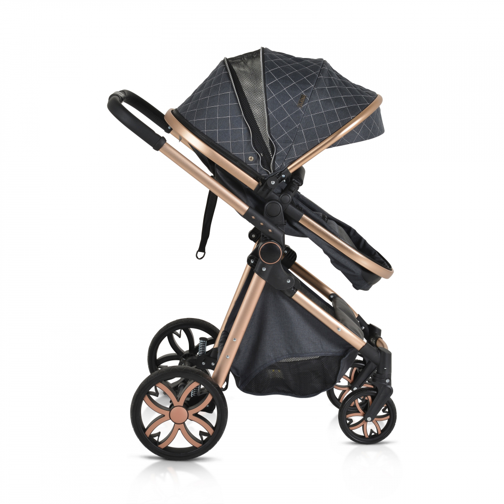 Carucior 2in1 transformabil Moni Alma Black cu Sezut reversibil,Cadru din aluminiu,Roti EVA rezistente cu suspensii, Frana,Capotina cu vizier, Spatar reglabil, Centura de siguranta,Cos de cumparaturi, Husa picioare si Geanta - 7