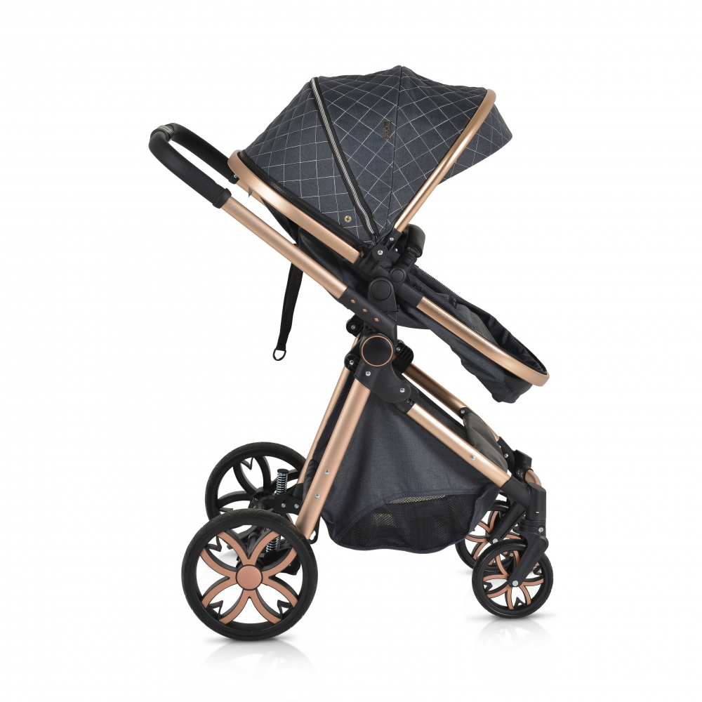 Carucior 2in1 transformabil Moni Alma Black cu Sezut reversibil,Cadru din aluminiu,Roti EVA rezistente cu suspensii, Frana,Capotina cu vizier, Spatar reglabil, Centura de siguranta,Cos de cumparaturi, Husa picioare si Geanta - 8