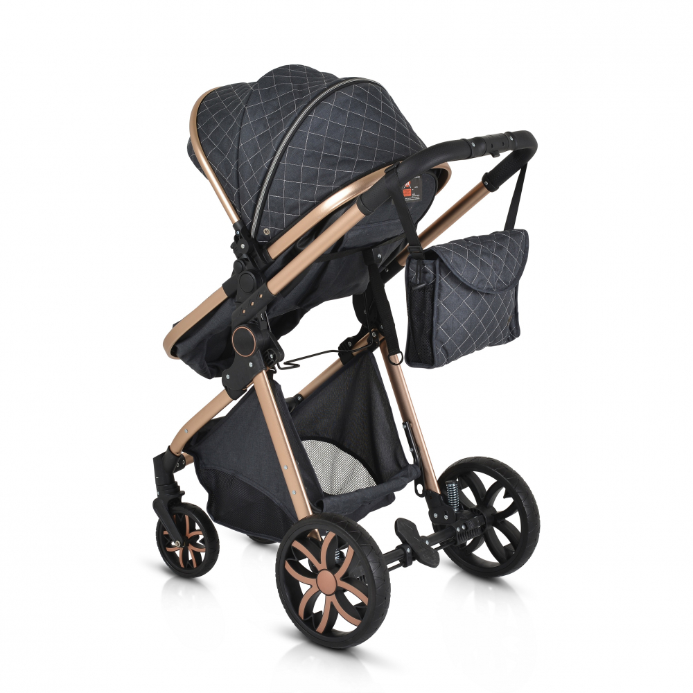 Carucior 2in1 transformabil Moni Alma Black cu Sezut reversibil,Cadru din aluminiu,Roti EVA rezistente cu suspensii, Frana,Capotina cu vizier, Spatar reglabil, Centura de siguranta,Cos de cumparaturi, Husa picioare si Geanta - 11